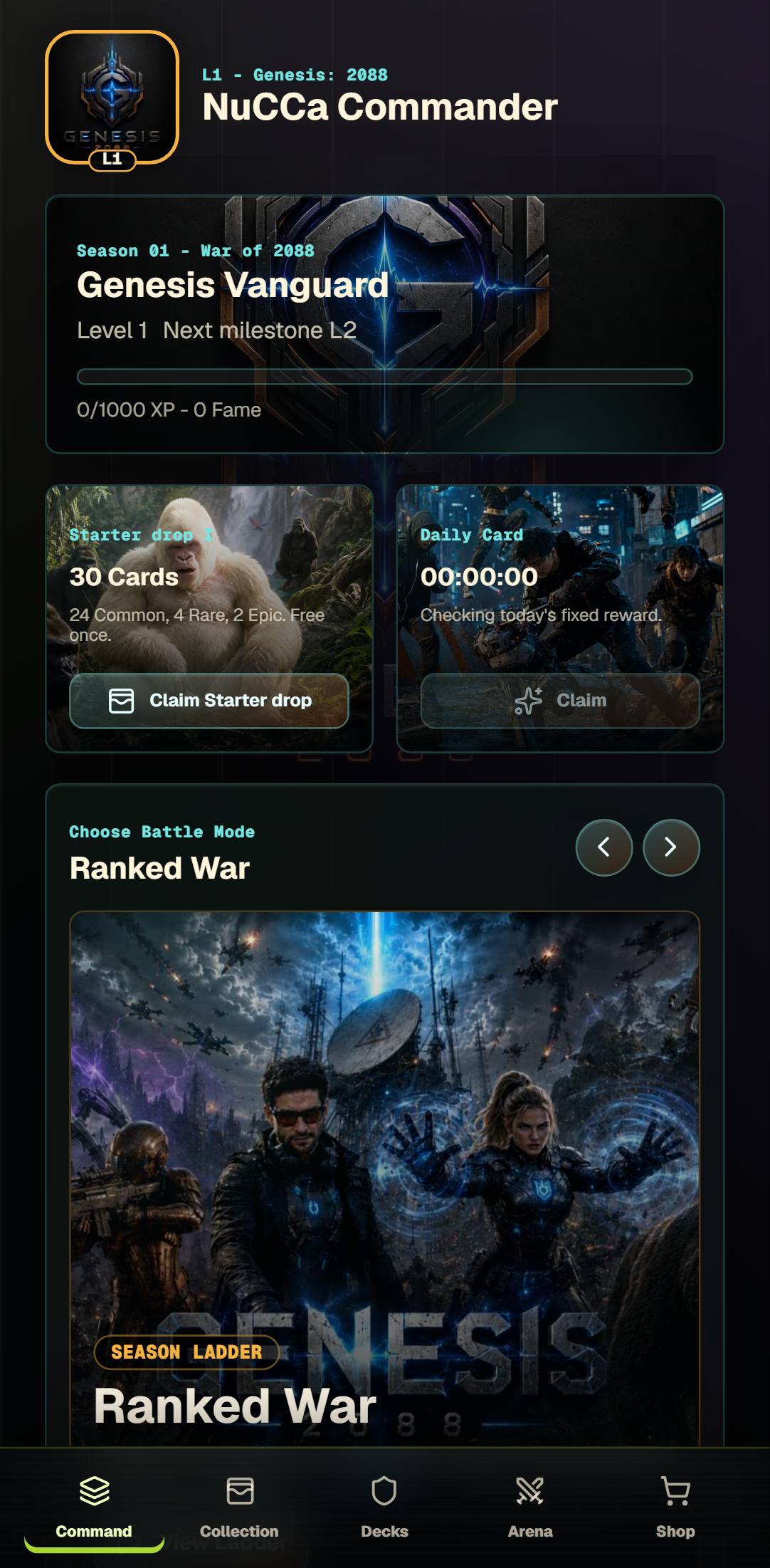 Ecrã Command da Mini App Genesis 2088